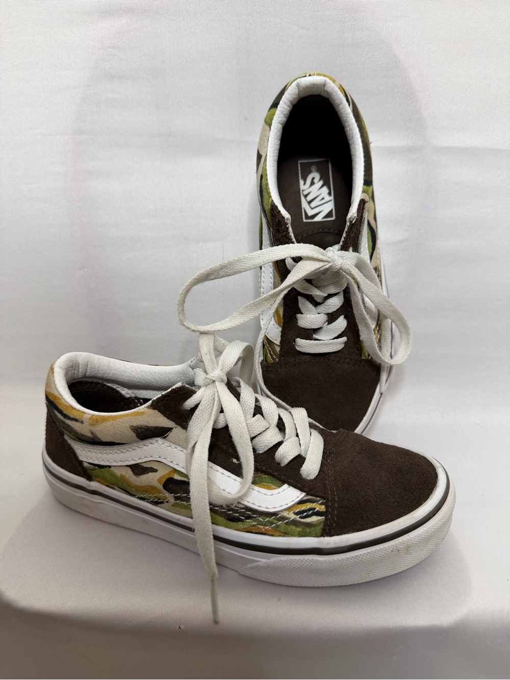Kids Vans Sz 1 Old Skool Sneakers Vintage Camo Brown White Low Top Skate Shoes